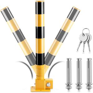 Spring Folding Parking Post, Parking Barrier Parking Lock Heavy Metal Parking Obstacle Pile with Warning Stripes, Parking Piles,Driveway Parking Interceptor Bollard (Black)