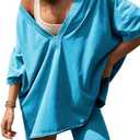TAQCUX 2 Two Piece Outfits for Women Summer Oversized Workout V Neck T Shirts Biker Shorts Matching Sets, L