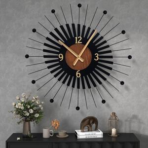 22 Inch Modern Sunburst Wall Clock Battery Operated, Black Metal Radiating Design with Walnut Wood Center, Silent Quartz Movement, Gold Hands Decorative Clocks for Living Room, Office, Bedroom