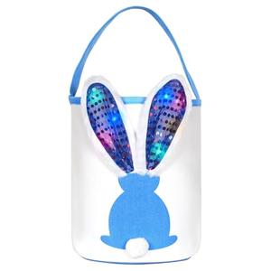 Pack Of 2 Easter Bunny Baskets with Lights for Baby Boys,Large Blue Kids Easter Bucket Tote with Light up Rabbit Ears for Spring Egg Hunts Party Storage (Blue)