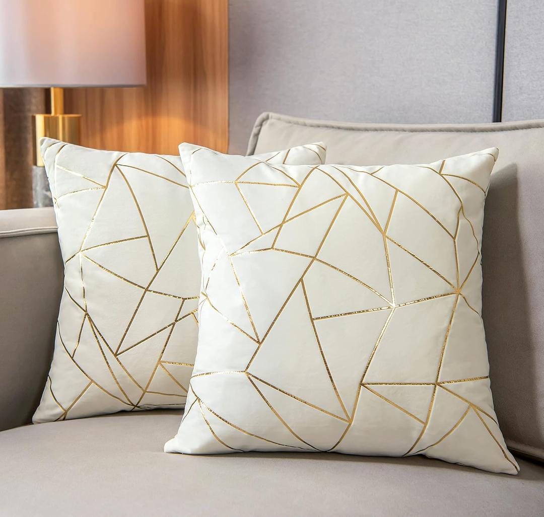 YONGLIU Set of 2 Velvet Cushion Cases Decorative Gold Foil Geometric Pattern Ultra-Soft Square Throw Pillow Covers for Modern Homes Couch Sofa Bedroom Living Room Car Chair(Off White, 20"X20")