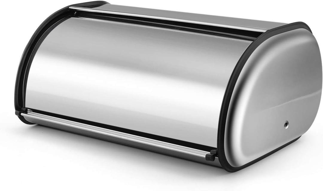 Flexzion Stainless Steel Bread Box For Kitchen Countertop (17 inch) Metal Roll Up Top Lid Storage Container Bin Keeper for Cake Buns Toasts Loaves Pastries Pancakes, Ideal for Restaurant Home Kitchen