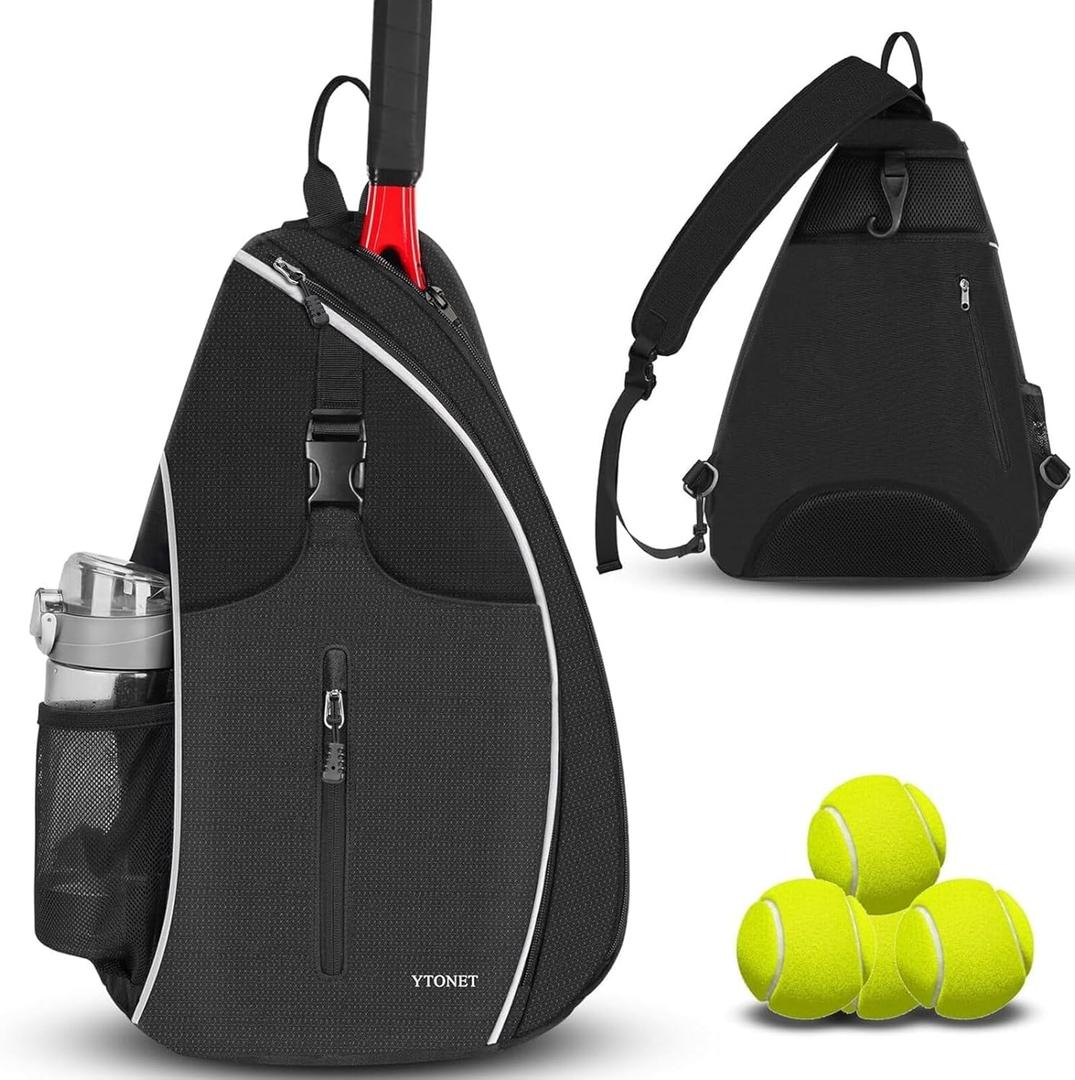 Ytonet Tennis Bag, Tennis Sling Backpack Crossbody Water Resistant for Men Women, Compatible for Pickleball Badminton Rackets (Large, Black)