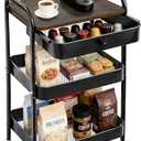 3-Tier Rolling Storage Cart with Wooden Top and Drawer, Metal Mesh Mobile Utility Cart with Handle and Lockable Wheels, Multipurpose Organizer Trolley for Kitchen, Living Room, Bathroom,Office (Brown)