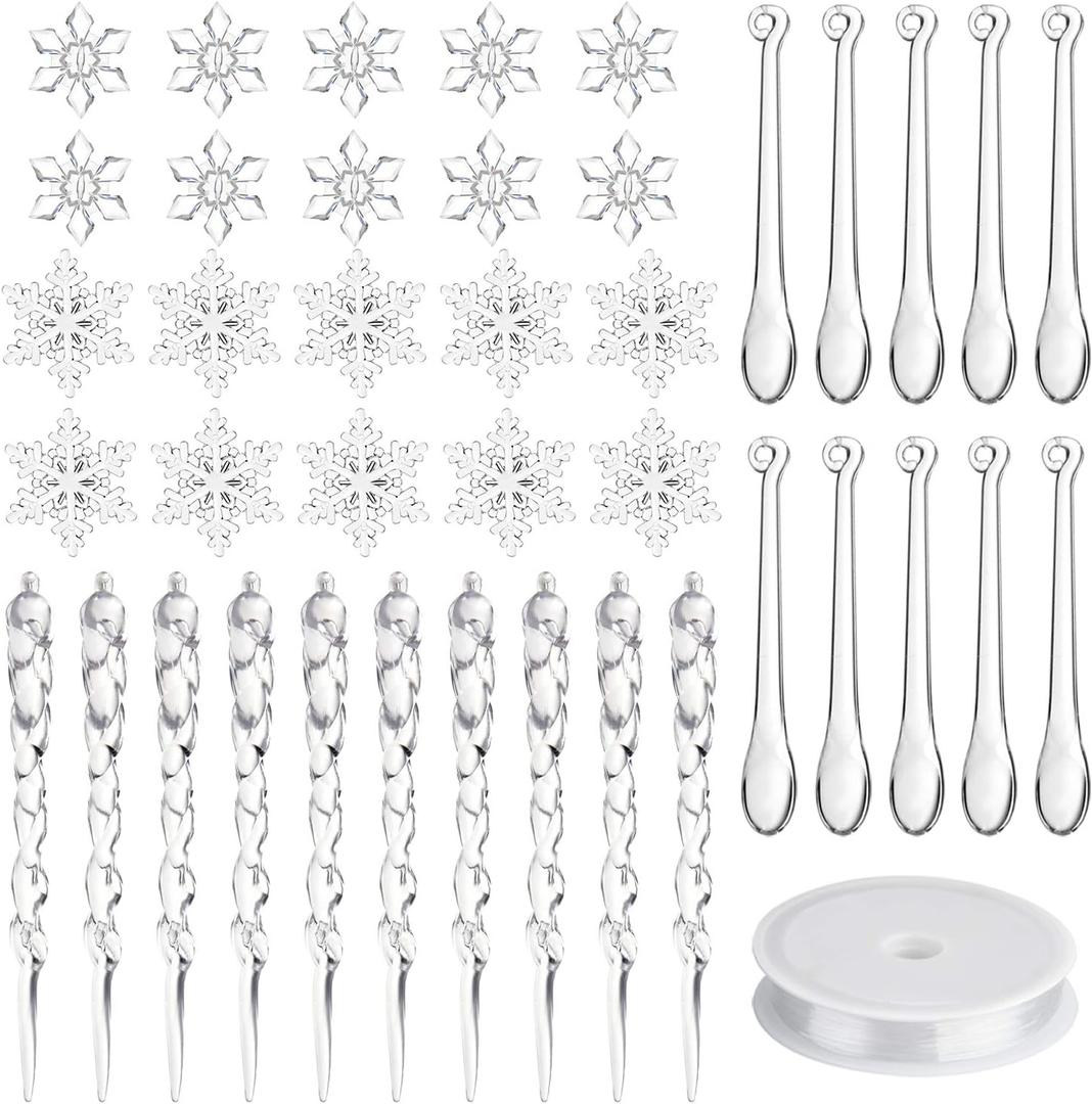 FEPITO 40 PCS Acrylic Christmas Decoration Set - Snowflake, Icicles with Crystal Line Ornaments for Christmas Tree Hanging Decorations