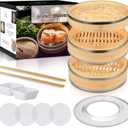 Bamboo Steamer Basket Set Chinese Cuisine 10-inch 2 Tiers Vegetable Steaming Basket for Cooking with Chopsticks, Sauce Dishes, and Reusable Liners - Dumpling Steamer Baskets