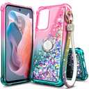 WDHD Compatible with Samsung Galaxy A16-5G Phone Case, Pink/Aqua | Bling Sparkly Glitter Floating Liquid Waterfall Cute Cover for Women Girls Kids | Ring Holder Grip & Diamond Wrist Strap Lanyard
