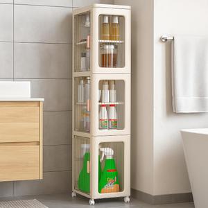 3-Way Opening Tall Narrow Storage Cabinet, Bathroom Organizers with Wheels, Anti-Tip Slim Storage Cabinet with Adjustable Shelves for Kitchen Toilet(3-Tier)