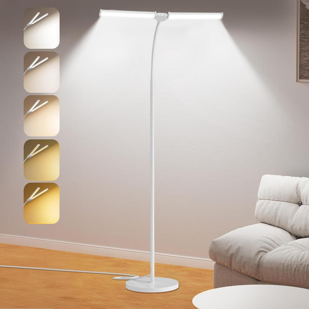 LED Floor Lamp for Living Room, Bright Reading Lamps for Office, Adjustable Colors Temperatures&Brightness, Dual Head Goose Neck Standing Lamp, Remote and Button Control, Eye-Caring Tall Lamp, White