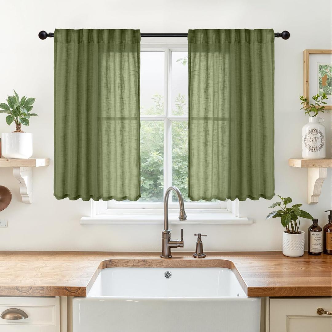 YoungsTex Olive Green Linen Curtains 40 Inch Length - Short Light Filtering Drapes Semi Sheer with Back Tab Rod Pocket for Bathroom Kitchen Window, 2 Panels, 42 X 40 Inch