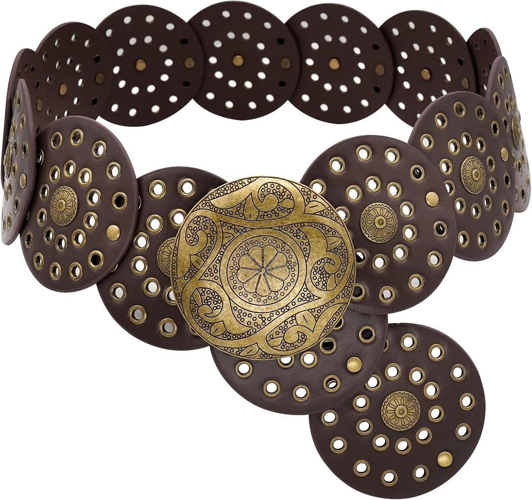 Wide Disc Belt for Women Boho Concho Leather Belts Vintage Western Waist Belt (101 cm, Coffee)