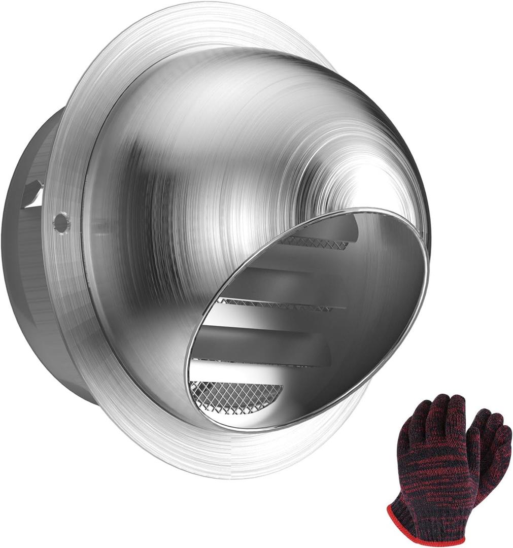 4 Inch 304 Stainless Steel Dryer Vent Cover Outdoor Round Wall Exhaust Vent External Extractor Wall Vent Cap Rainproof Outlet for Home and Garage with A Pair of Gloves