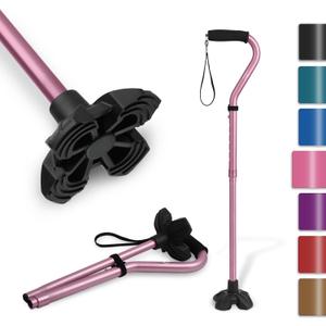 KINGGEAR F1 Walking Stick, Walking Cane for Women & Men, Self Standing Walkers for Seniors with Wrist Strap, Lightweight & Sturdy Offset EVA Handle and Large Quad Base (Pink)
