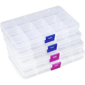 Opret 15 Grids Bead Organizer(4 Pack), Earring Organizer Box, SMALL Plastic Clear Organizing Containers with Adjustable Dividers for Crafts Jewelry Screws Small Items, Size 6.93.90.9in (4 pcs, transparent)