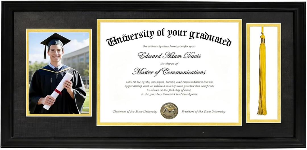Diploma Frame with Tassel Holder, Fits 8.5x11 Inch Graduation Certificates and 5x7 Inch Photo, 11X22 Inch Black Picture Frame With Gold and Black Mat