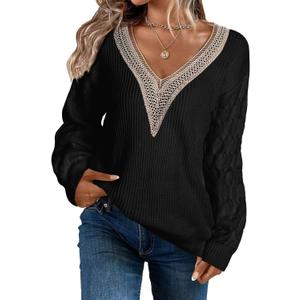 EVALESS Womens Long Sleeve Sweaters Fall 2024 Trendy Sexy Lace V Neck Knit Drop Shoulder Pullover Sweater Jumper Tops (Medium, 2d Black)