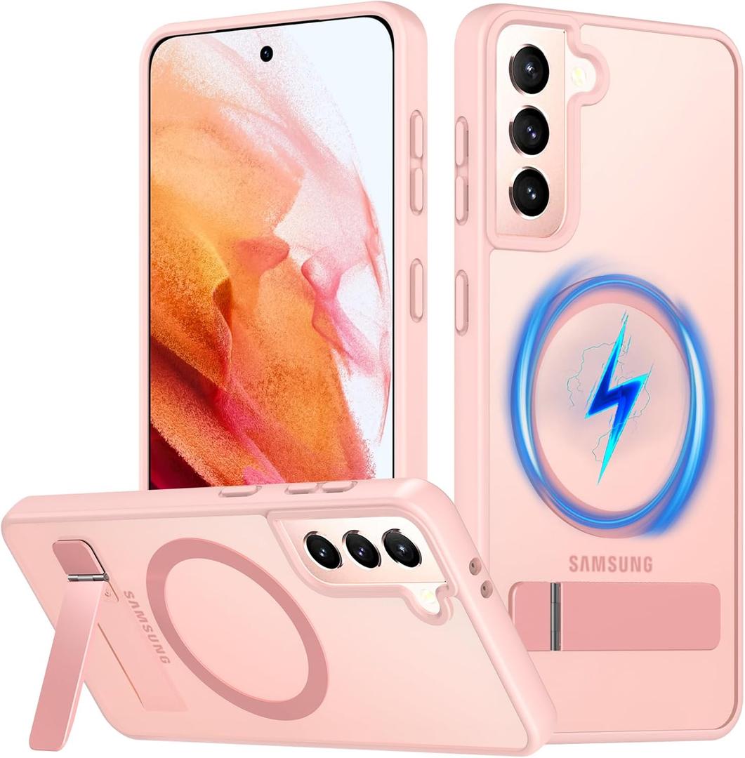 OWKEY for Samsung Galaxy S21 Case with Stand, Magnetic Shockproof Case Fit for Magsafe Translucent Matte Cover for Samsung S21, Pink