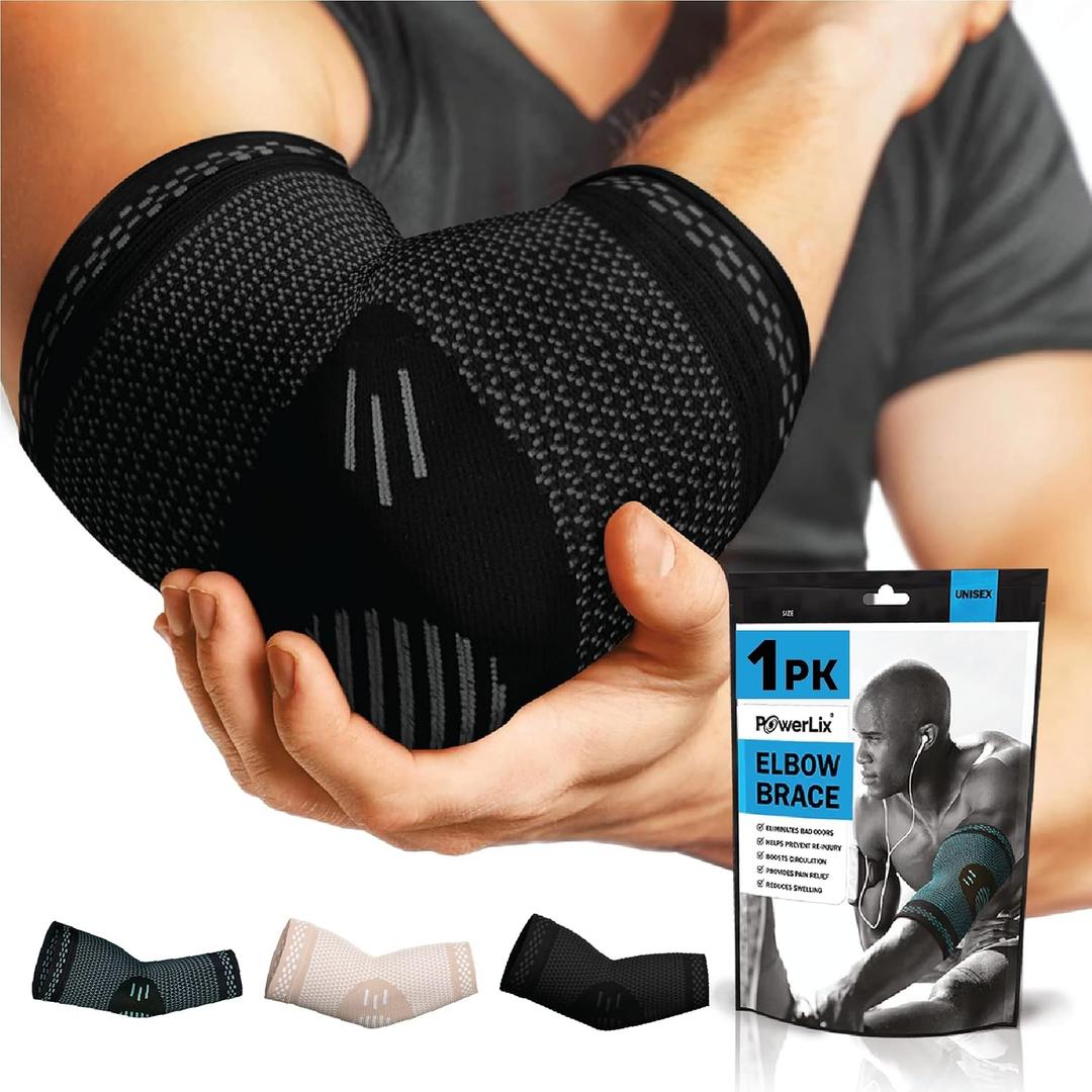 POWERLIX Elbow Brace Compression Support - Elbow Sleeve for Tendonitis, Tennis Elbow Brace and Golfers Elbow Treatment, Arthritis, Workouts, Weightlifting Reduce Elbow Pain (Black, L)