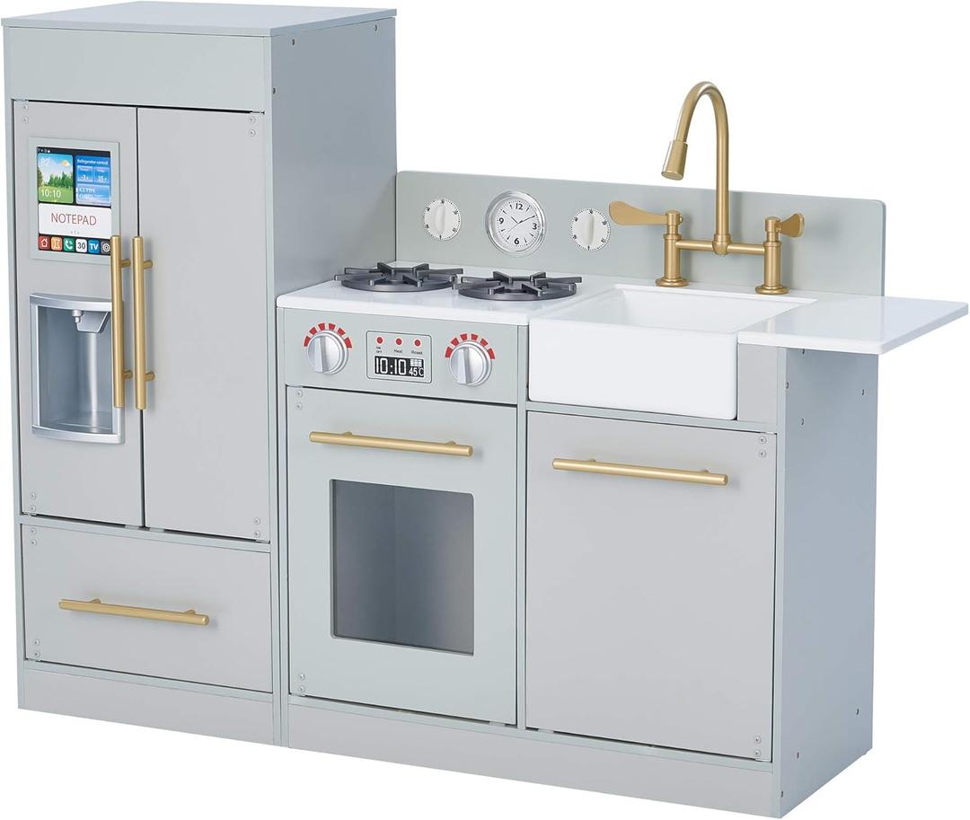 Teamson Kids Little Chef Charlotte Modern Modular Interactive Wooden Play Kitchen with Refrigerator, Stove and Sink in Gray with Gold Accents