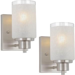 2 Pack Bath Vanity Light Fixture, Modern Indoor Wall Scone Lighting White Linen Frosted Glass Shades with Brush Nickle Finish Wall Lamp for Bathroom Kitchen Entryway Bedside