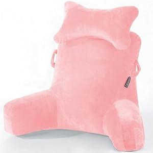 Reading Pillow-Bed Rest Pillow with Detachable Neck Roll & Higher Support Arm for Sitting in Bed Couch or Floor-Backrest Reading Pillow Adult Back Pillow for Reading/Watching TV/Gaming,Pink