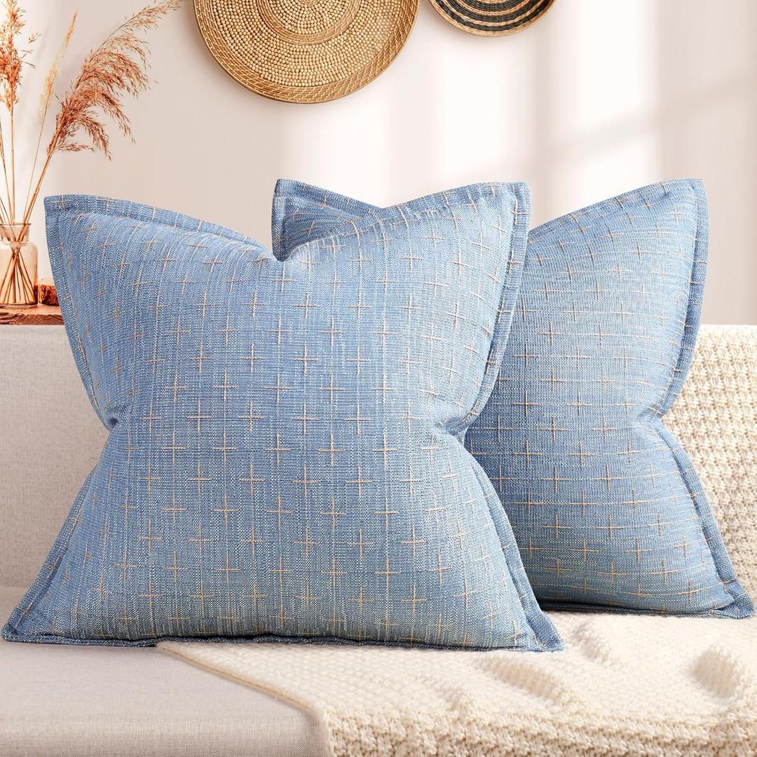 ZWJD Pillow Covers 18x18 Set of 2 Soft Polyester Textured Pillow Covers with Stylish Flange Edge Cozy Farmhouse Throw Pillows for Couch Bed Sofa Living Room (18" x 18" (Pack of 2), Blue)