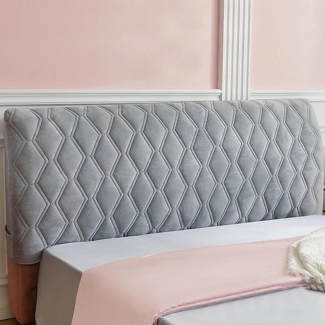 CAMZ Velvet Bed Headboard Cover for Full Queen Cal King Size, Quilted Bed Headboard Slipcover Thicken Dustproof Headboard Padding Protector Cover (Crystal Grey,Queen:160cm(63"))
