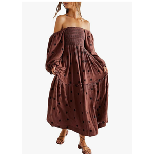 Women Floral Embroidered Maxi Dress Long Puff Sleeve Square Neck Bohemian Flowy Dress with Pockets Smocked Fall Dress, Size M