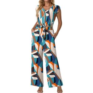 Lepunuo Women Summer 2 Piece Outfits Cap Sleeve V Neck Belted Crop Tops Casual Wide Leg Pants Matching Sets Travel Outfits (Blue, XL)