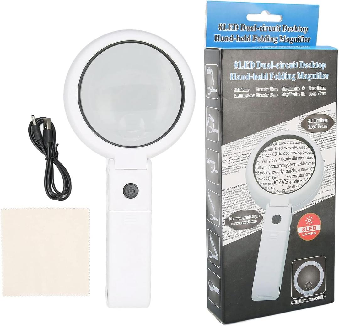 Magnifying Glass, Handheld LED Magnifying Glass Foldable Adjustable 22X 10X Magnifying Glass with Light Stand, Handheld Illuminated Magnifier for Reading Jewelry Craft