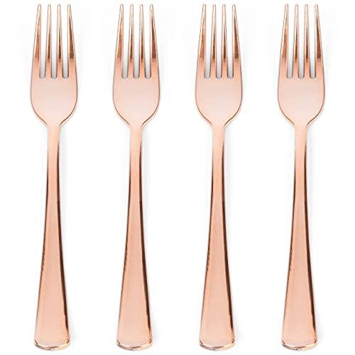Prestee Set of 100 Rose Gold Plastic Forks Disposable - 7-in Heavy-Duty Fork Flatware - Bulk Pack Fancy Silverware - Sturdy Pink Cutlery for Weddings, Birthday Parties, Buffets, Catering and Events