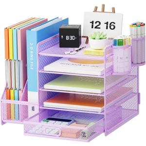 Marbrasse Desk Organizer with File Holder, 5-Tier Paper Letter Tray Organizer with Drawer and 2 Pen Holder, Mesh Desktop Organizer and Storage with Magazine Holder for Office Supplies(Purple)