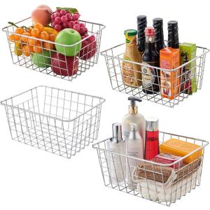 Wire Kitchen Storage Basket 4 Packs,Perfect Pantry Organization Accessories Baskets,Laundry Basket,Countertop Organization,Suitable for Kitchen,Bathroom,Bedroom,Tabletop,Stackable,Chrome