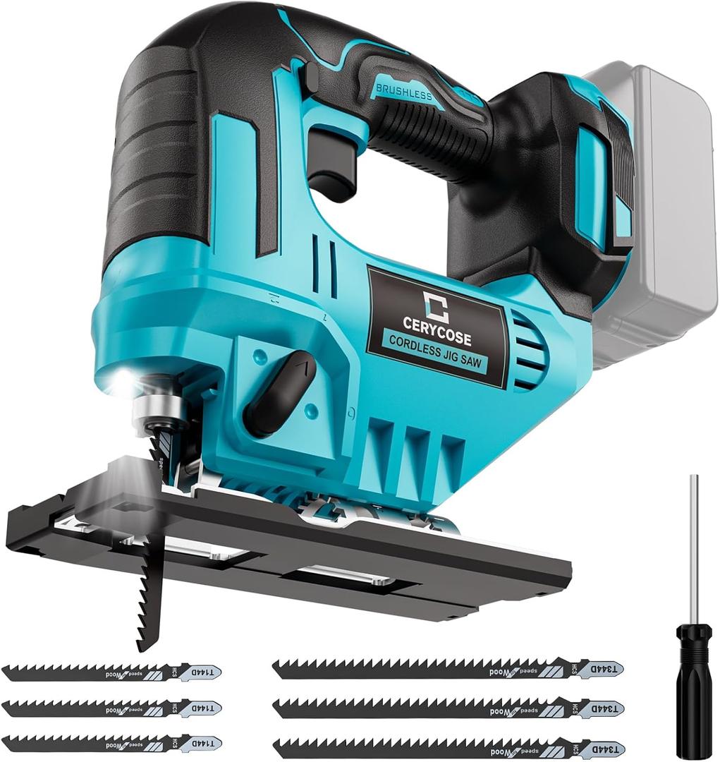 Jigsaw Compatible With Makita 18V Battery, Cordless jig saw tool Brushless Motor, 0- 45 Bevel Cuts, LED Light with 3 Position Orbital Setting for Straight/Curve/Bevel/Circle Cutting, No Battery