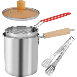 Deep Fryer Pot with Strainer Basket & Lid, 3L Japanese Tempura Frying Pot, Stainless Steel Small Deep Frying Pan Heat Resistant Chip Pan Fryer Mini Frying Oil Container for Fries Fish Shrimp