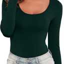 Kindcall Women Long Sleeve Bodysuit Scoop Neck Fitted Slim Basic Soft Shirts (XX-Large, Green)
