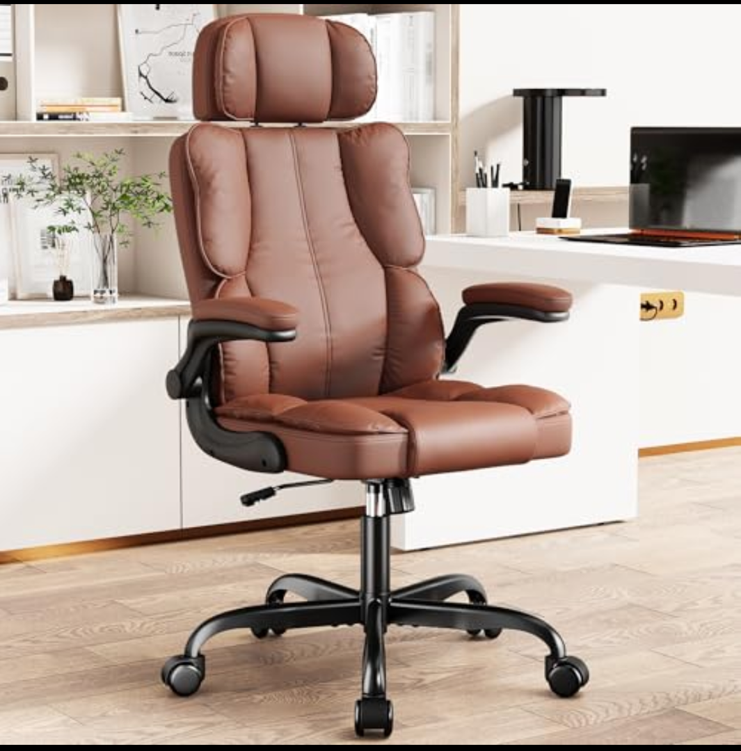 Kensaker Executive Leather Office Chair, Computer Chair with Thick Cushion & Lumbar Support, Ergonomic Desk Chair with Adjustable Headrest & Armrests,Brown