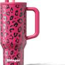 40 oz Stainless Steel Tumbler with Handle, Insulated Coffee Travel Mug, Resuable Spill Proof Water Bottle for Women, Leopard Print
