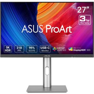 ASUS ProArt Display 27” 5K HDR Professional Monitor (PA27JCV) - 5K (5120 x 2880), IPS, 99% DCI-P3, 100% sRGB, ΔE < 2, USB-C PD 96W, Calman Verified, Color Accurate, LuxPixel