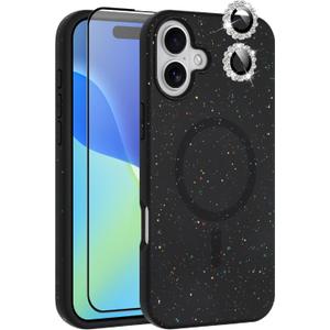 MZELQ for iPhone 16 Case, Compatible with MagSafe, Shower Black, Shockproof, Drop Proof, Ultra-Slim, Diamond Camera Protector, Screen Protector, Silicone Designed for iPhone 16 Case