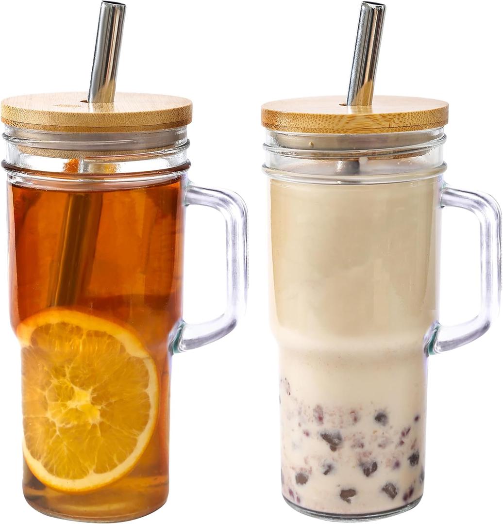 Glass Cups with Lids and Straws - 24oz glass tumbler with bamboo lids and straw Boba Cup (2pack)