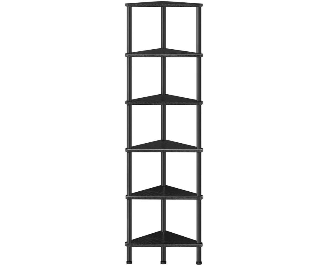 HOOBRO Corner Shelf Stand, Industrial 6-Tier Corner Bookshelf with Metal Frame, Bookcase, Plant Display Stand for Small Spaces, Living Room, Black BK36CJ01