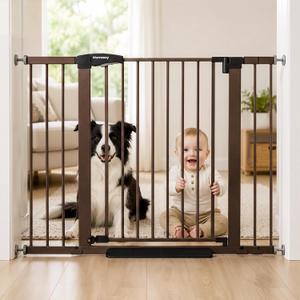Mumeasy 29.7-46" Baby Gate for Stairs, Auto Close Dog Gate for Doorways | Dual Lock System, Pressure Mounted Walk Through Pet Gate, Extra Wide Metal Child Safety Gate, Mom's Choice Awards Winner