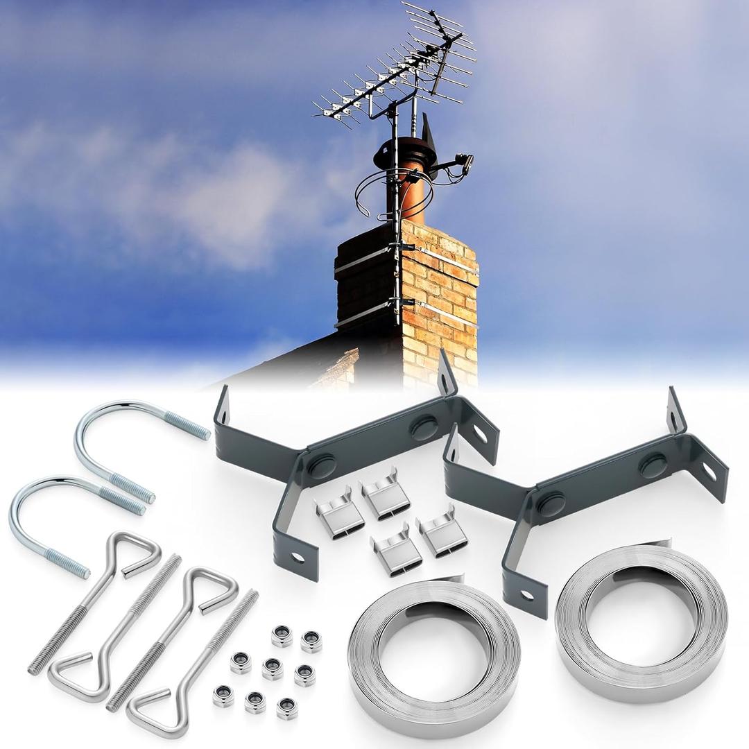 Blulu 2 Set TV Antenna Chimney Y-Mount Kit 18ft Galvanized Steel Straps Stainless 4 Inch Standoff Pole Mast Wall Mounting Heavy Duty for Cb Ham Home Outdoor Weather Station