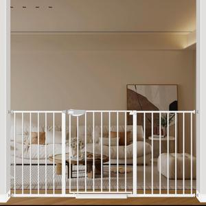 WAOWAO Triple Lock 49.21-66.54" Baby Gate Extra Wide Pressure Mounted Walk Through Swing Auto Close Safety White Metal Dog Pet Puppy for Stairs,Doorways,Kitchen
