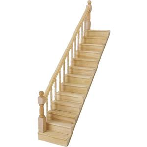 Miniature Stairs 1:12 Scale Dollhouse Furniture Wooden Handrail DIY Unpainted Staircase Dollhouse Accessories Pre-Assembled Steps Model (Left-Handrail)