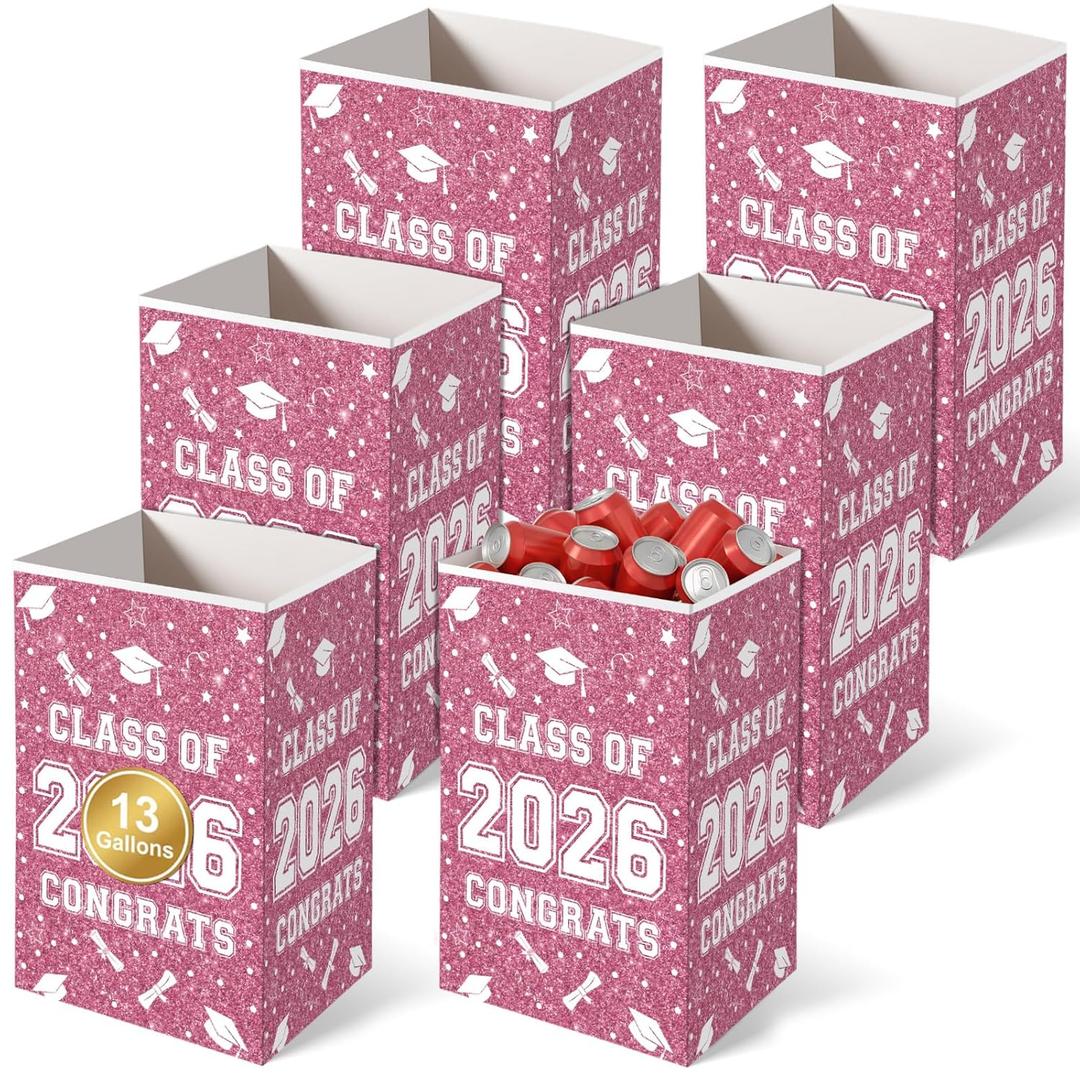 Tinlade 6 Pack 2026 Pink White Graduation Decoration 13 Gallon Disposable Trash Cans for Parties Class of 2026 Garbage Pop up Trash Can Home Recycle Bins Waterproof Foldable for Graduation Party