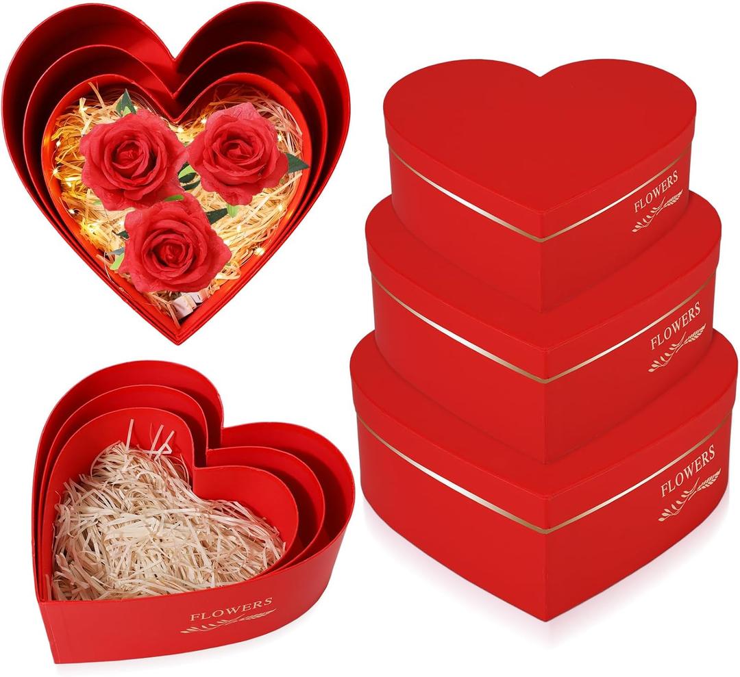 Glenmal 3 Pcs Heart Shaped Gift Boxes with Lids 100g Shredded Paper Fill Nesting Heart Flower Boxes for Wedding Birthday Baby Showers Mother's Day Present Packaging(Red)