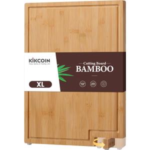 Kikcoin Bamboo Cutting Boards for Kitchen, Extra Large Wood Cutting Board with Rotating Kickstand & Juice Groove, Wooden Chopping Board for Meats Veges Fruits, Heavy Duty Serving Tray, 17 x 11.3 inch