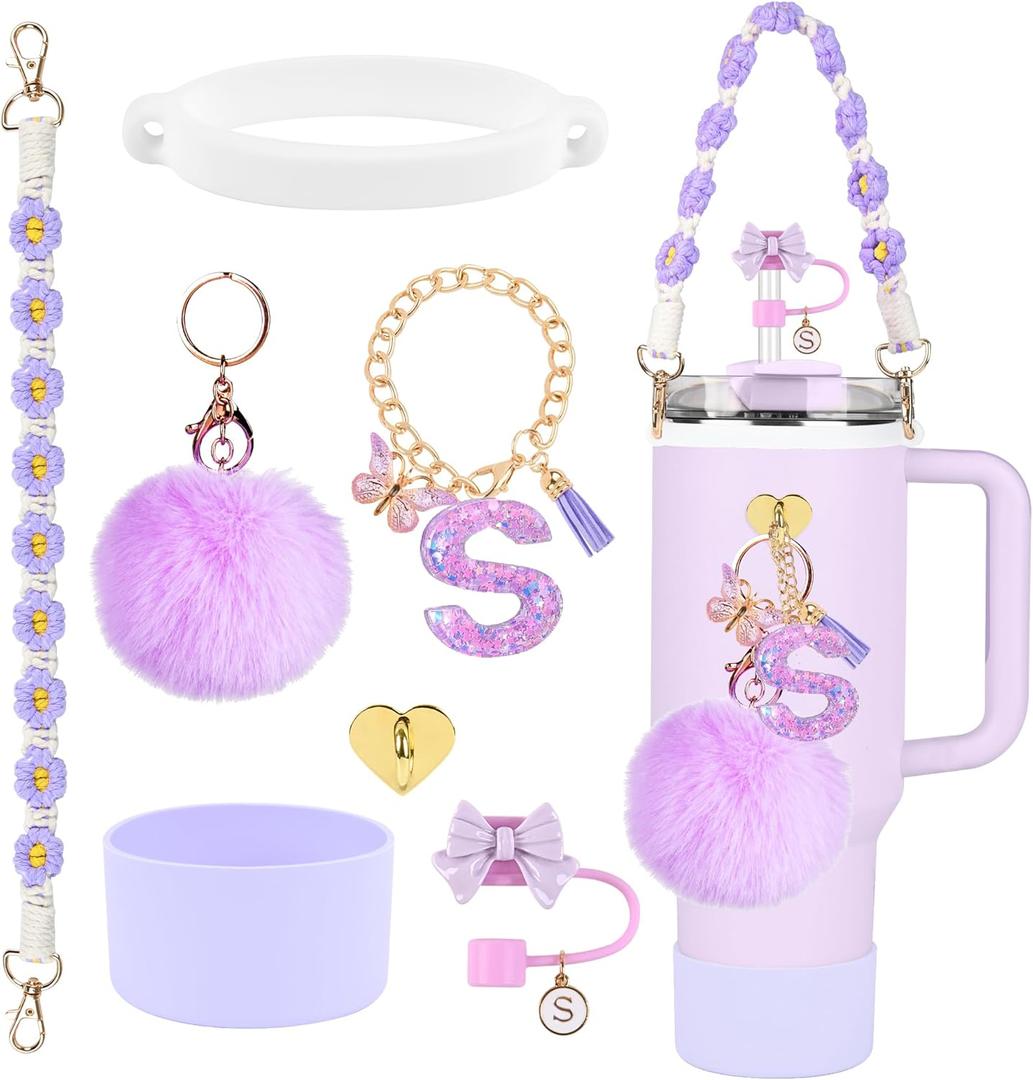 Stanley Cup Accessories Set, 10mm Stanley Straw Topper, Siliocne Boot, Water Bottle Handle Strap, Letter Charms for Cup 40oz 30oz Tumbler (S)